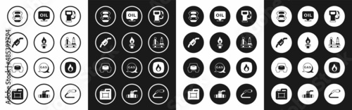 Set Petrol or gas station, Oil rig with fire, Gasoline pump nozzle, tanker ship, platform the sea, Word oil, Fire flame and Spare wheel car icon. Vector