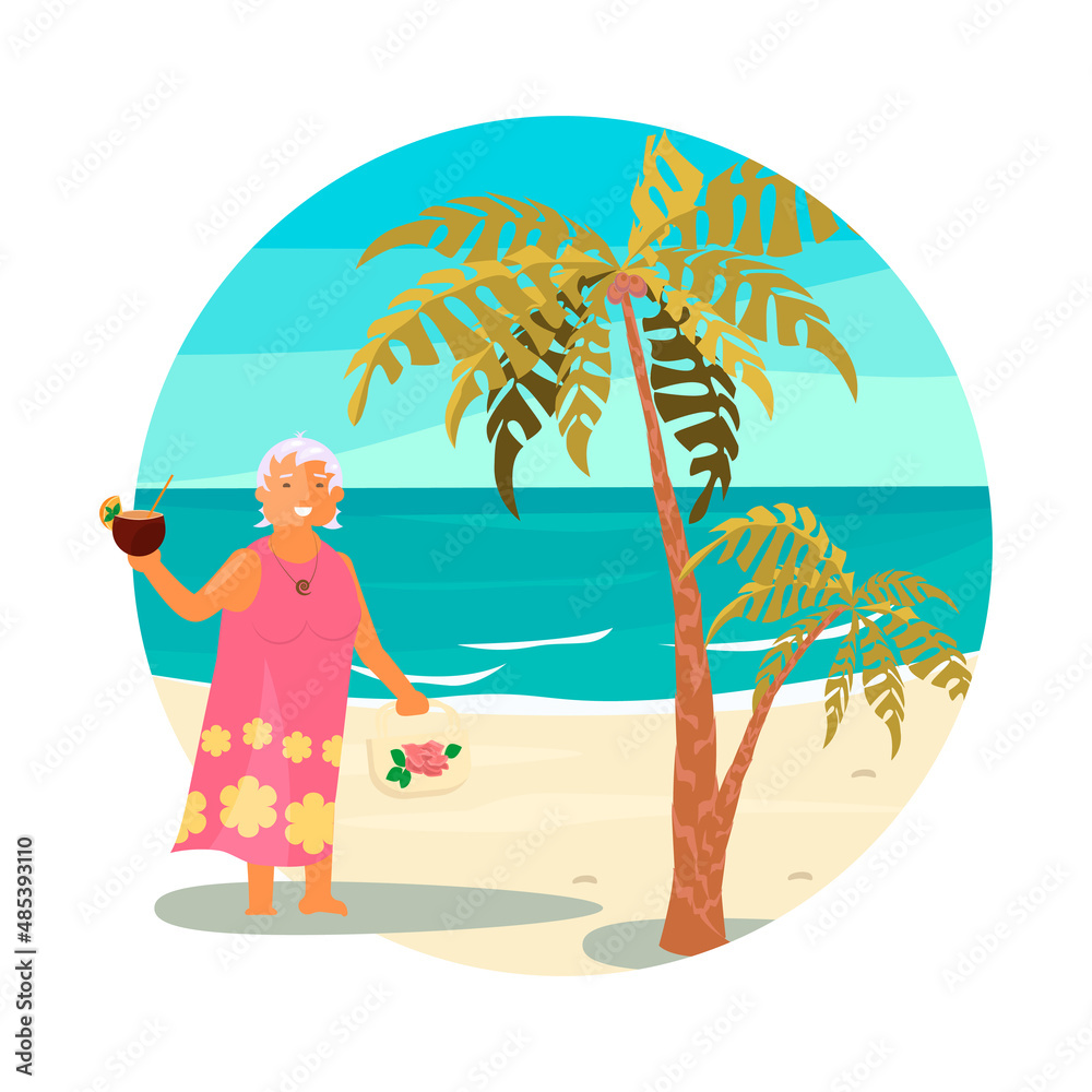 Elderly woman character with coconut cocktail on a sea beach