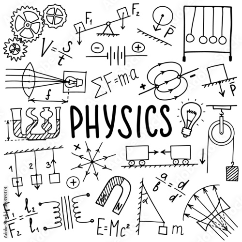 Phisics symbols icon set. Science subject doodle design. Education and study concept. Back to school sketchy background for notebook, not pad, sketchbook. Hand drawn illustration.