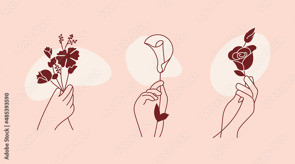 Hands with flower in trendy outline minimal style Hands with flower in trendy outline minimal style