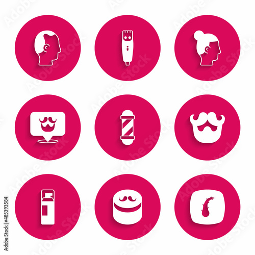Set Classic Barber shop pole, Gel or wax for hair styling, Human follicle, Mustache and beard, Shaving gel foam, Barbershop, Hairstyle men and Baldness icon. Vector