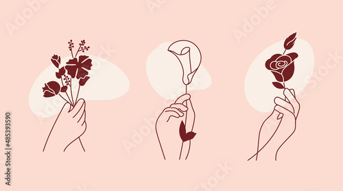 Hands with flower in trendy outline minimal style