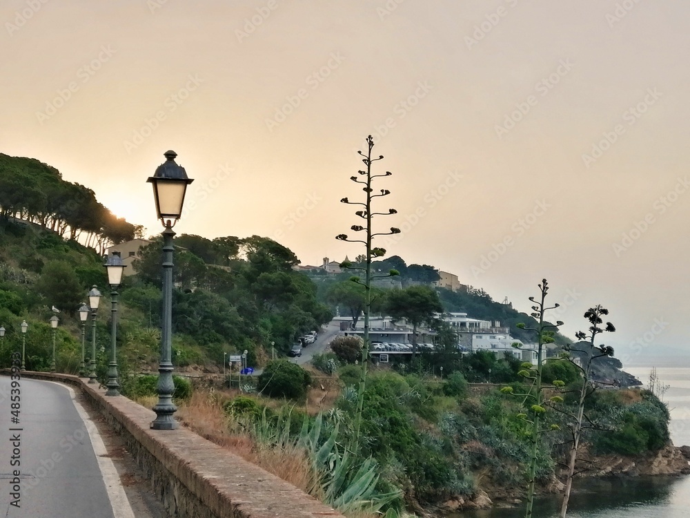 Φωτογραφία View of the coast of Elba Island at sunrise with street lamps and vegetation