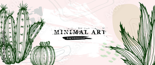 Botanical wall art vector of cactus. Floral succulent plants. Boho Foliage line art drawing with abstract shape. Abstract plant art design for print, cover, wallpaper, minimal and natural wall art.