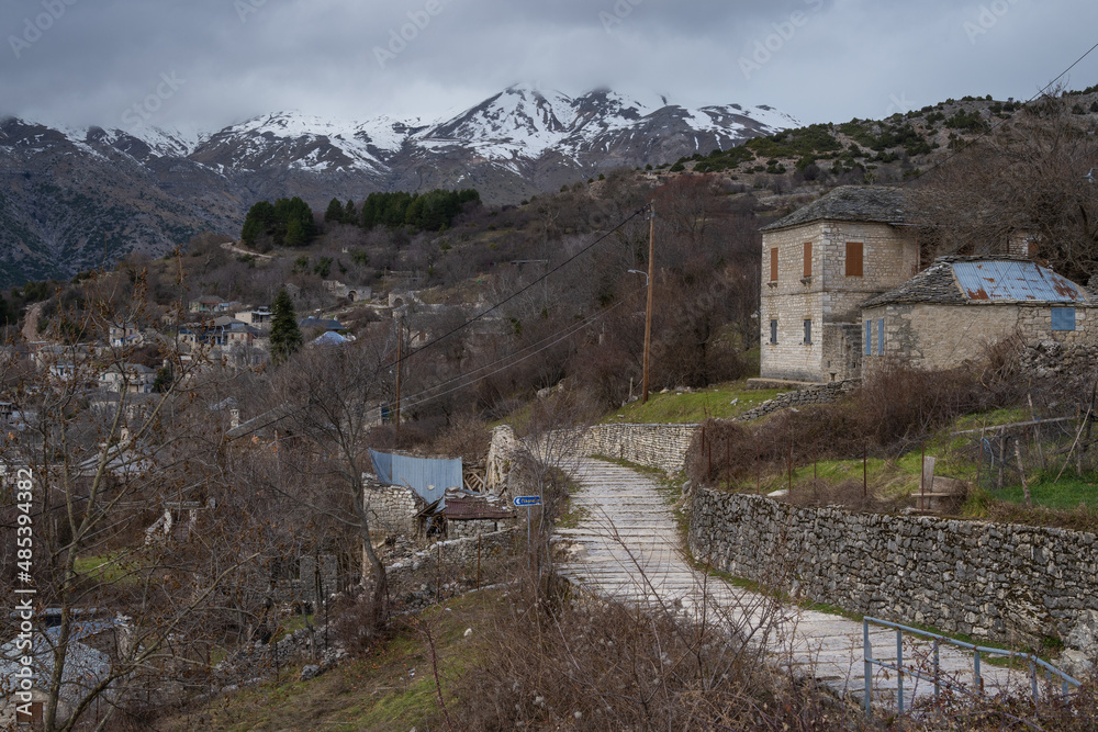 Old stone houses on the mountain at the traditional village of Kalarites in Tzoumerka, Greece