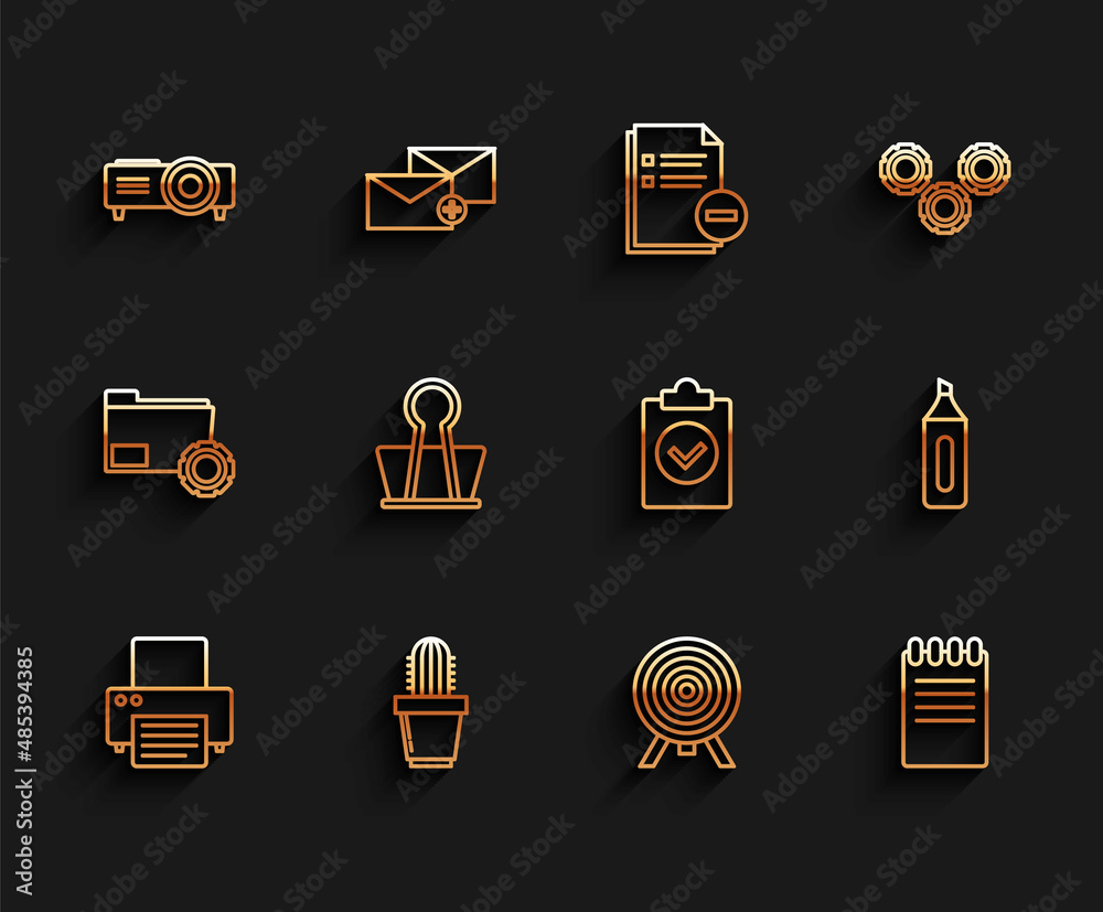 Set line Printer, Cactus and succulent pot, Presentation, movie, film, media projector, Target, Notebook, Binder clip, Marker pen and Completed task icon. Vector Set line Printer, Cactus and succulent pot, Presentation, movie, film, media projector, Target, Notebook, Binder clip, Marker pen and Completed task icon. Vector