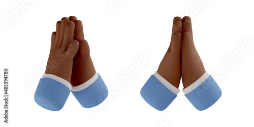 3d hand pray icon. Prayer vector cartoon dark skin arm render. Hope gesture, diversity. Realistic illustration for social media