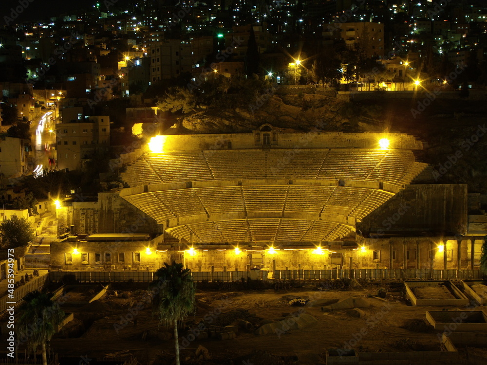 Amman, Jordan, August 10, 2010: Night view of the Roman Theater in Amman, Jordan