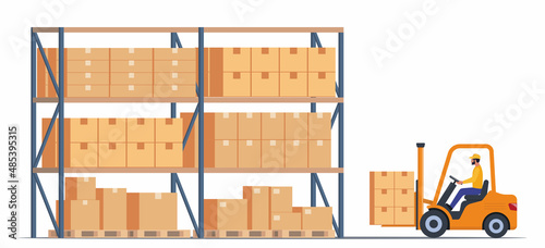 Moving boxes in the warehouse by means of a hydraulic forklift truck. Storage, sorting and delivery. Storage equipment. Flat vector illustration.