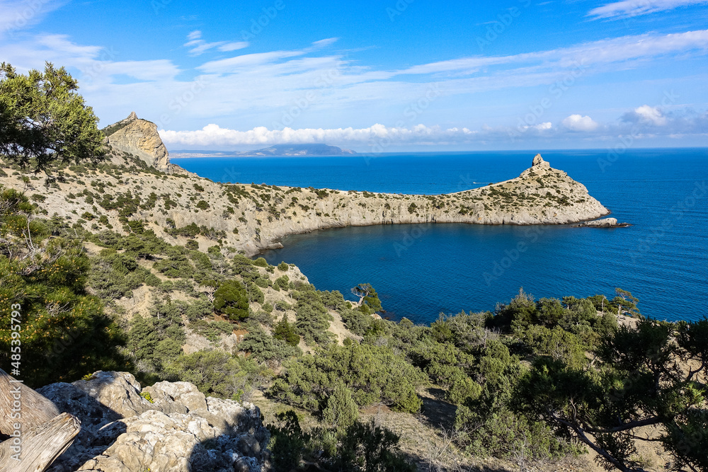 Beautiful seascape, panorama of cape Kapchik to the Galitsin Trail and blue bay of the Black Sea. Sudak. Russia. Beautiful seascape, panorama of cape Kapchik to the Galitsin Trail and blue bay of the Black Sea. Sudak. Russia.