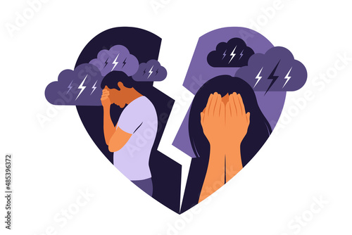 Concept of divorce, misunderstanding in family. Disagreement, relationship troubles. Man and woman in a quarrel. Conflicts between husband and wife. Vector. Flat