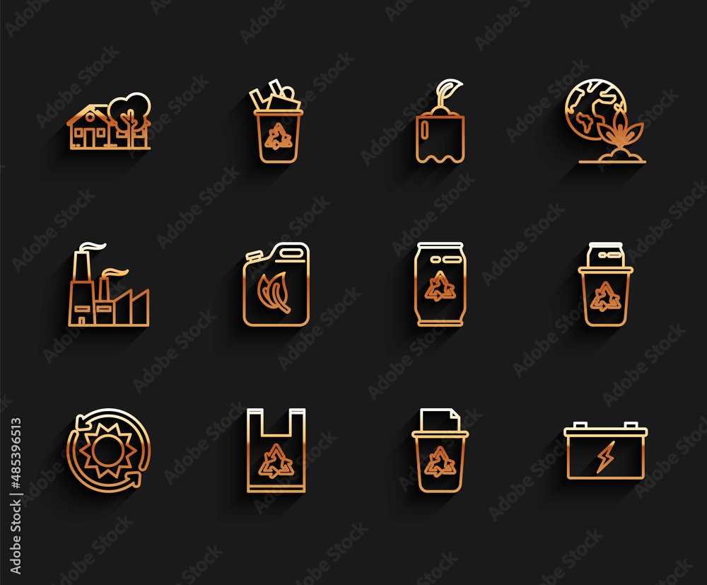 Set line Solar energy panel, Plastic bag with recycle, Eco friendly house, Recycle bin symbol, Car battery, Bio fuel canister, and and Can icon. Vector Set line Solar energy panel, Plastic bag with recycle, Eco friendly house, Recycle bin symbol, Car battery, Bio fuel canister, and and Can icon. Vector
