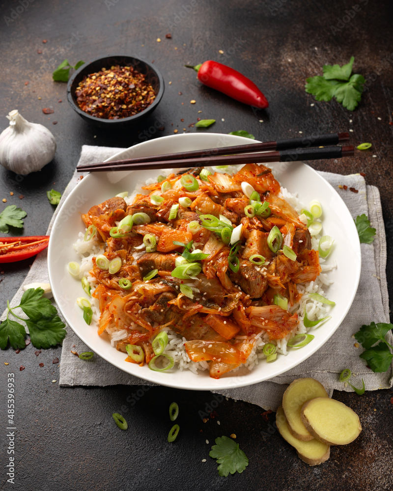 Korean Stir Fried pork belly kimchi with rice and spring onion. Asian ...
