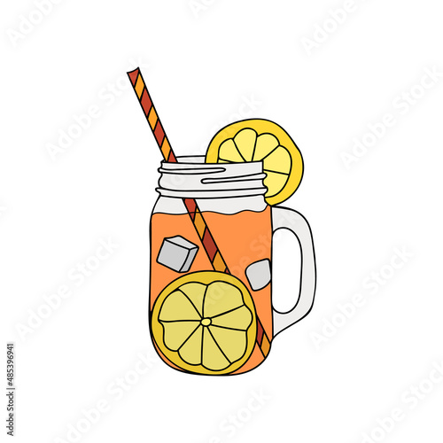 Colorful cold tea with lemon and ice. Colorful doodle illustration of cold drink in glass with lemon slices and ice. Doodle cold tea with lemon and ice illustration in vector.