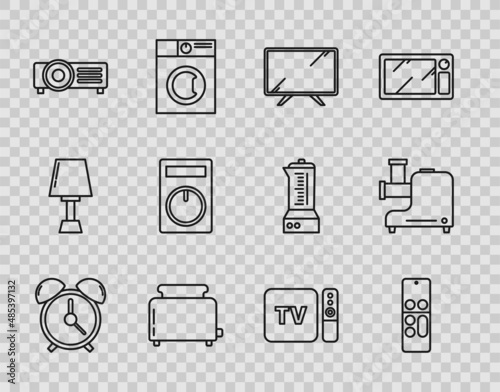 Set line Alarm clock, Remote control, Smart Tv, Toaster with toasts, TV box receiver and player remote controller and Kitchen meat grinder icon. Vector