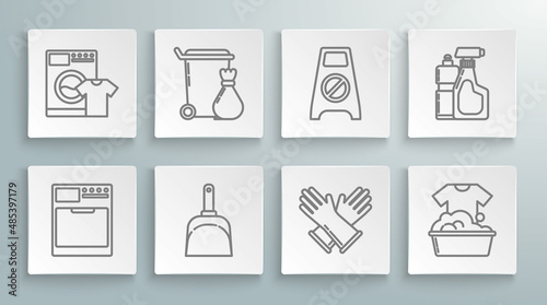 Set line Washer, Trash can, Dustpan, Rubber gloves, Plastic basin with soap suds, Wet floor and cleaning progress, bottles for liquid dishwashing liquid and t-shirt icon. Vector