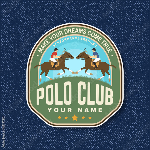 Polo club sport badge, patch, emblem, logo. Vector illustration. Color polo label, sticker with rider and horse silhouettes. Polo club competition riding sport.