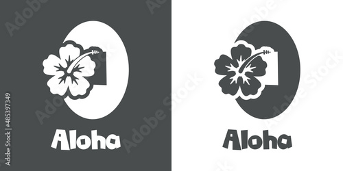 Logotipo texto Aloha con número 0 en tipografía tiki con silueta de flor de hibisco en fondo gris y fondo blanco