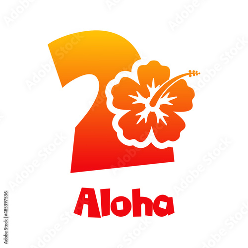 Logotipo texto Aloha con número 2 en tipografía tiki con silueta de flor de hibisco en color naranja