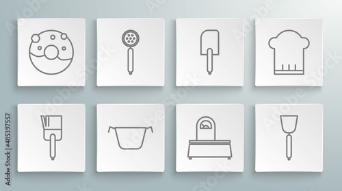 Set line Kitchen brush, Strainer spoon, Cooking pot, Scales, Spatula, Chef hat and Donut with sweet glaze icon. Vector
