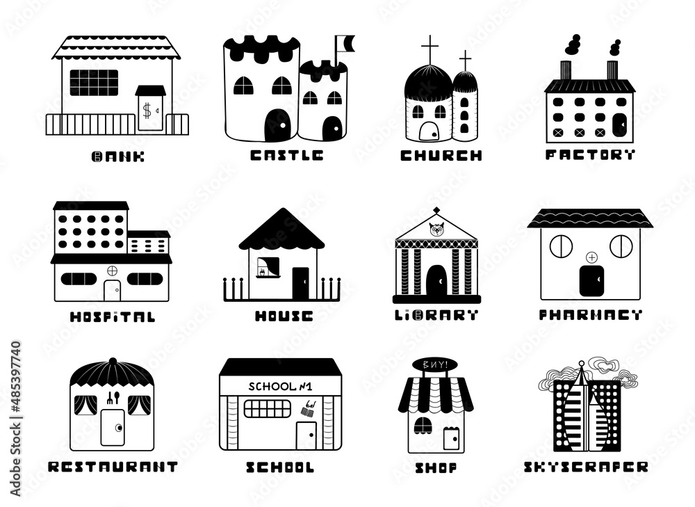 Institutions, black and white icons