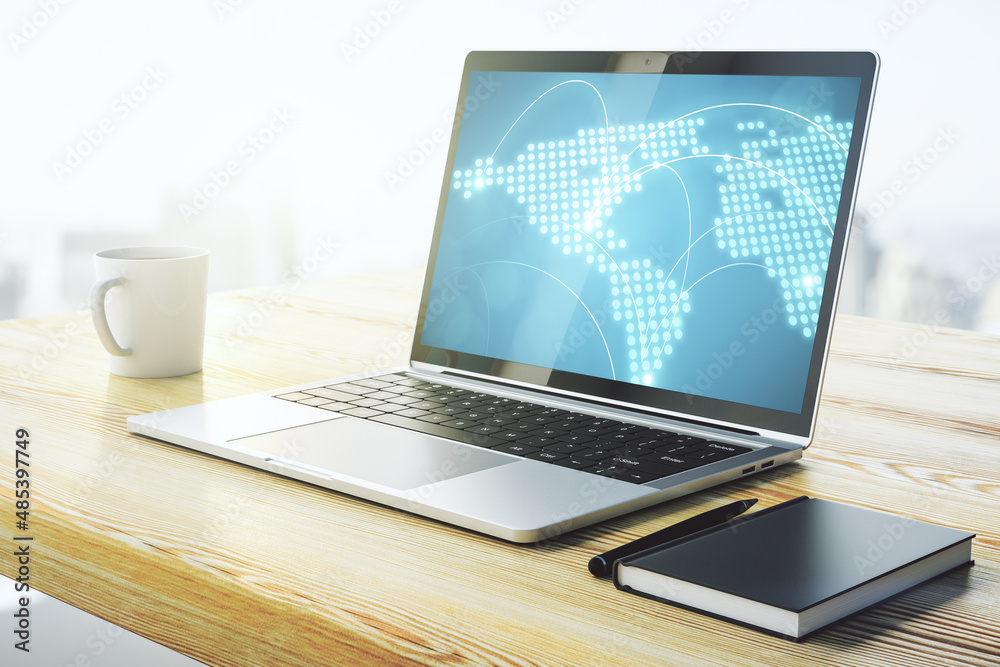 Fototapeta premium Abstract creative world map with connections on modern laptop screen, international trading concept. 3D Rendering