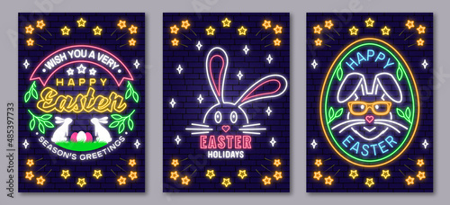 Happy Easter neon sign. Vector illustration. Neon design for Easter celebration emblem. Night neon signboard Typography design with rabbit and hand eggs. Modern minimal style.