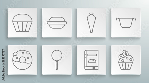 Set line Donut with sweet glaze, Macaron cookie, Frying pan, Cookbook, Cupcake, Pastry bag for decorate cakes, Cooking pot and Muffin icon. Vector