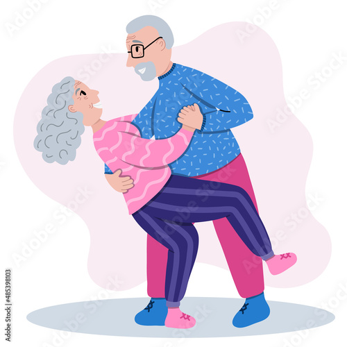 Retired senior couple dancing together in the living room. Old lady and gentleman dancing romantically. Grandpa does dance support, grandma arches back. Stylized vector hand drawn illustration.