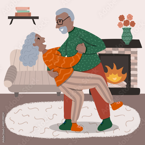 Black african american senior couple dancing together in the living room. Old lady and gentleman dancing romantically. Stylized vector hand drawn illustration. Happy multiracial family concept.