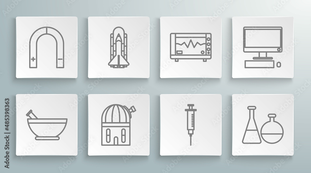 Set line Mortar and pestle, Space shuttle rockets, Astronomical observatory, Syringe, Test tube flask chemical laboratory, Computer monitor with cardiogram, keyboard mouse and Magnet icon. Vector Set line Mortar and pestle, Space shuttle rockets, Astronomical observatory, Syringe, Test tube flask chemical laboratory, Computer monitor with cardiogram, keyboard mouse and Magnet icon. Vector