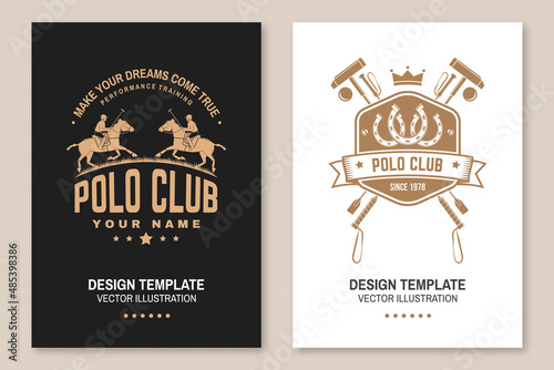 Set of Polo club sport badges, patches, emblems, logos. Vector illustration. Vintage monochrome equestrian label with rider and horse silhouettes. Concept for shirt or logo, print, stamp or tee.