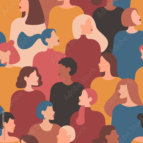 Women's diverse faces of different ethnicities. Vector seamless pattern with women of different nationalities and cultures. Women's struggle for freedom, independence, equality.