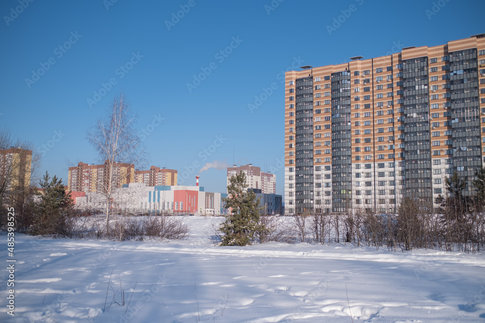 View of the buildings in the new quarter in winter, Voronezh, Russia.