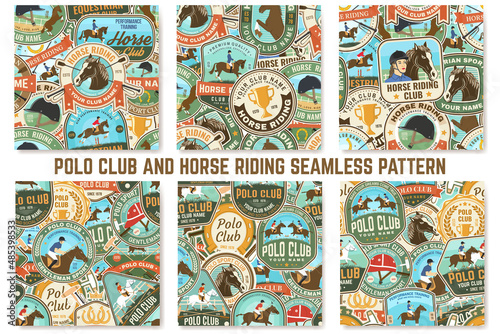 Polo sport club and horse riding seamless pattern. Vector. Vintage monochrome equestrian background with rider and horse silhouettes. For polo sport and horse riding pattern background or wallpaper.