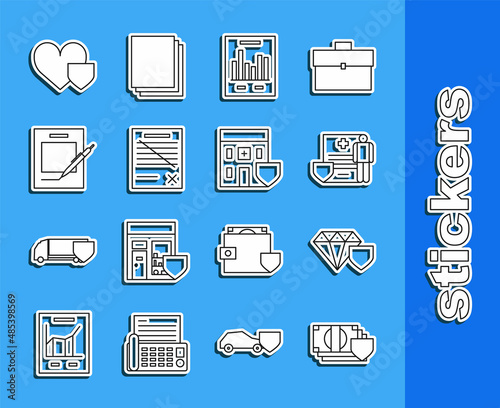 Set line Money with shield, Diamond, Medical clipboard clinical record, Document graph chart, Delete file document, Blank notebook and pen, Heart and hospital building icon. Vector