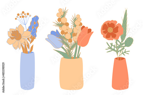Bouquetes of blossom flowers in minimalistic ceramic vases Vector abstract mimosa, crocus, winterberry, tulip, narcissus, shirley in flowerpot bowl, 8 March and mothers day photo