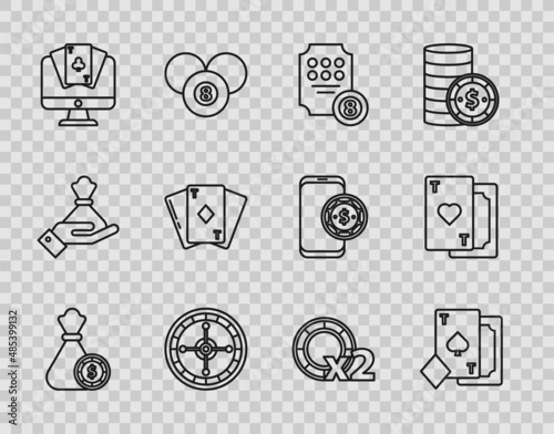 Set line Money bag and casino chips, Playing card with spades, Online slot machine, Casino roulette wheel, poker table game, diamonds, and heart icon. Vector