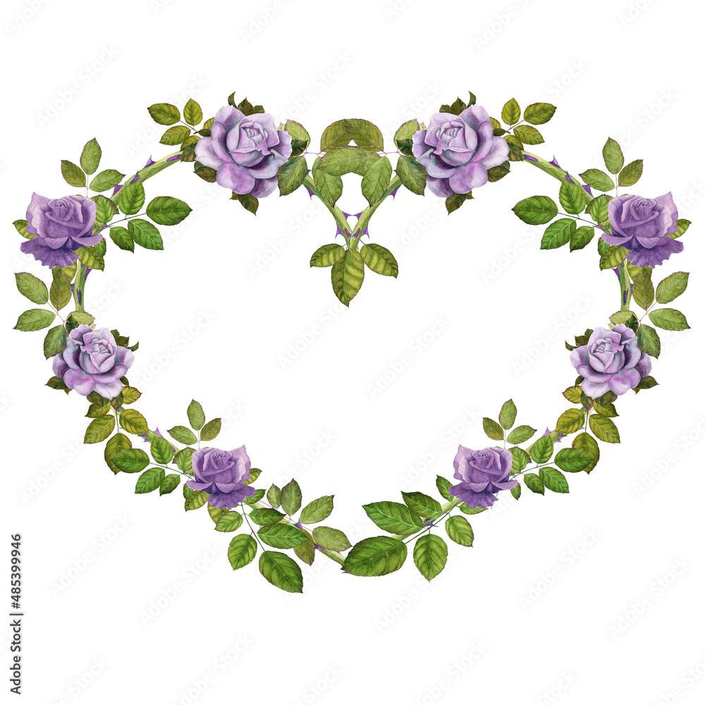 Rose branches in the shape of a heart with flowers and leaves. Abstract wallpaper with floral motifs. Wallpaper. Use printed materials, signs, posters, postcards, packaging.