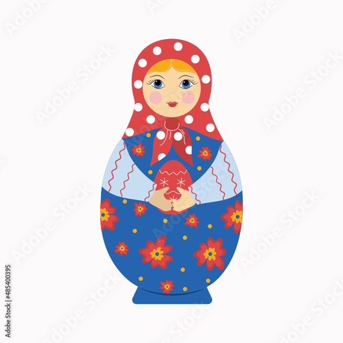 Wooden doll Matryoshka with an Easter egg. Painted doll. Vector illustration.