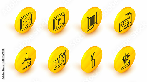 Set line Wind turbine, Electric cable, Diesel power generator, Coal plant and factory, Wire electric on reel drum, light switch and Electrical outlet icon. Vector