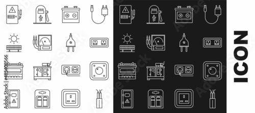Set line Electric cable, light switch, Electrical outlet, Car battery, Ampere meter, multimeter, voltmeter, Solar energy panel and sun, and plug icon. Vector