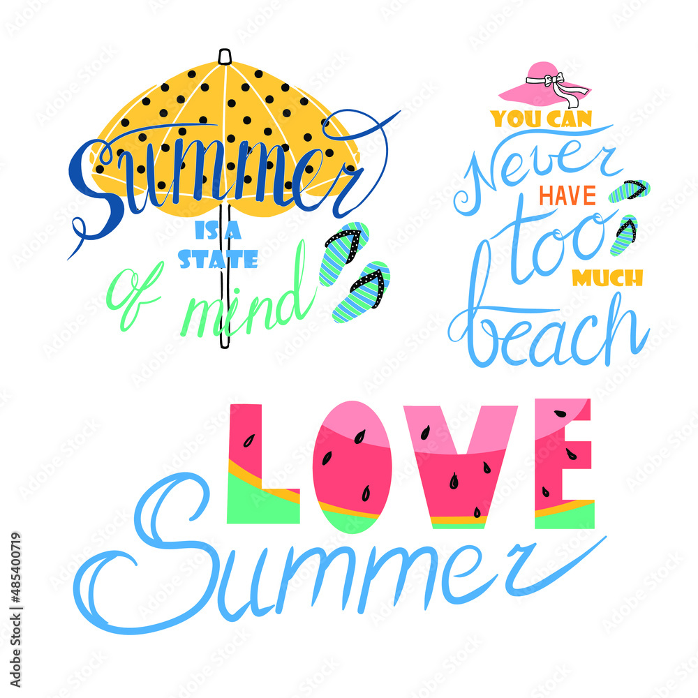 Summer lettering. Bright phrases about summer vacation and recreation. Vector illustration isolated on white background. Summer lettering. Bright phrases about summer vacation and recreation. Vector illustration isolated on white background.