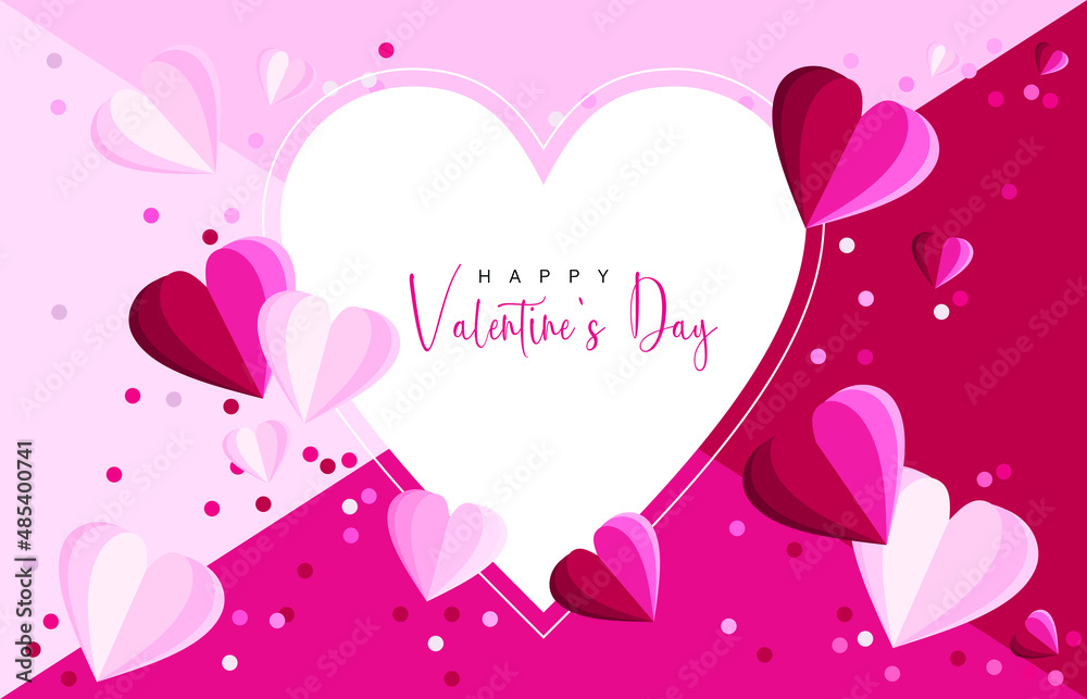 Valentine’s day card with a big central paper heart shaped frame placed on decorative sprinkled paper confetti 