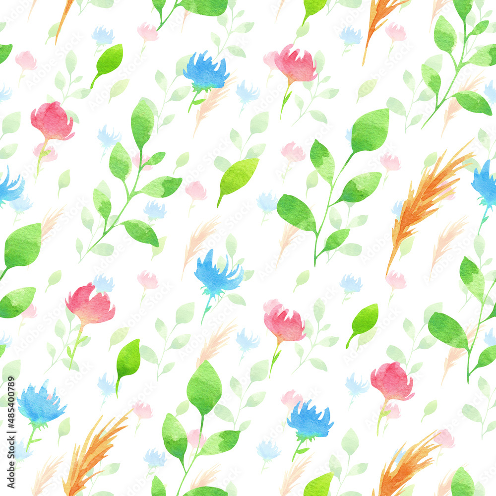Field flowers and herbs seamless pattern. Watercolor flowers on white background repeatable pattern.
