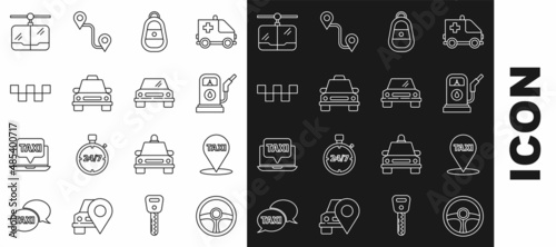 Set line Steering wheel, Map pointer with taxi, Petrol or Gas station, Car key remote, Taxi car, roof, Cable and icon. Vector
