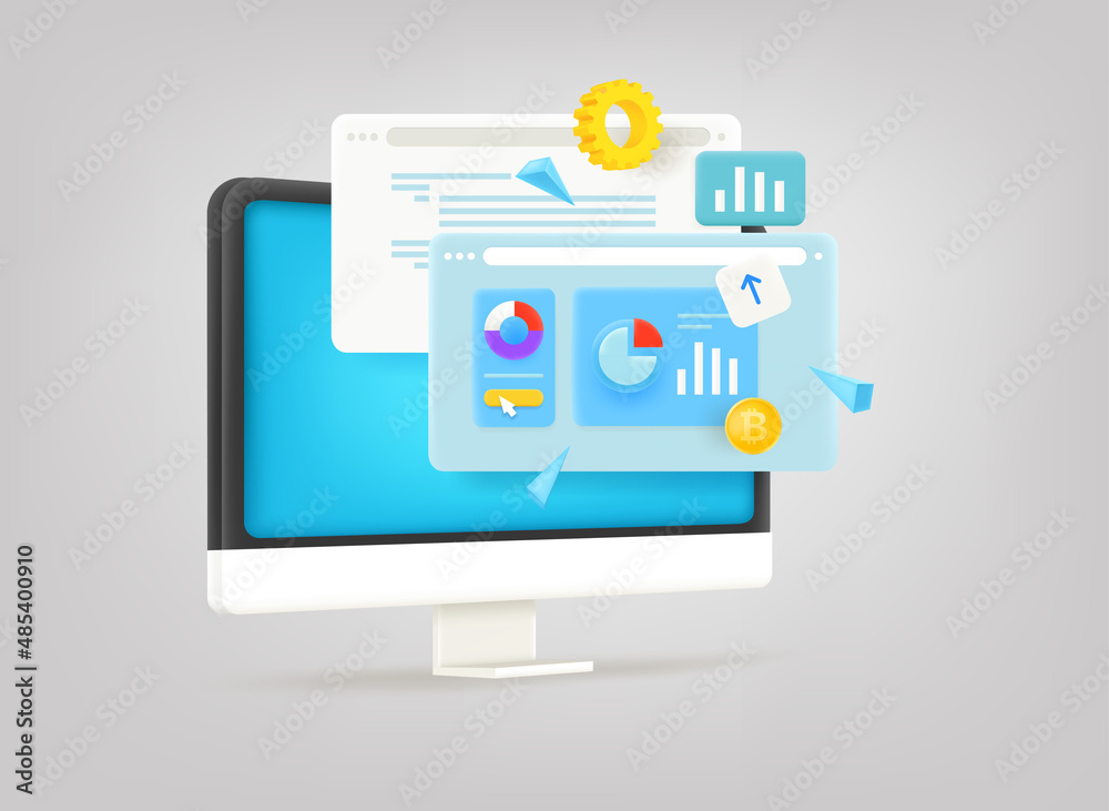 Browser windows on the screen. 3d vector illustration Browser windows on the screen. 3d vector illustration