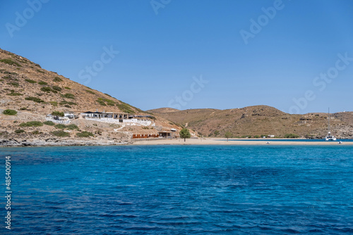 Kythnos Greek island, Greece. Kolona sandy beach, view from the sea. Sunny day