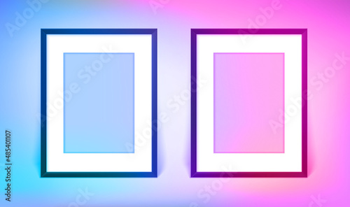 Two blank image frames. 3d vector banner with holographic effect