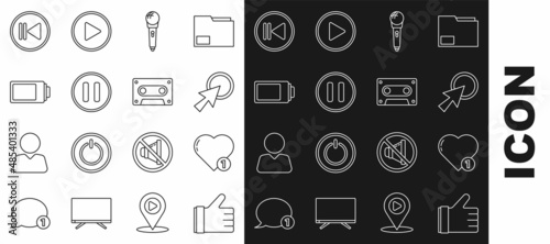 Set line Hand like, Like heart, Arrow cursor, Microphone, Pause button, Battery charge level indicator, Rewind and Retro audio cassette tape icon. Vector